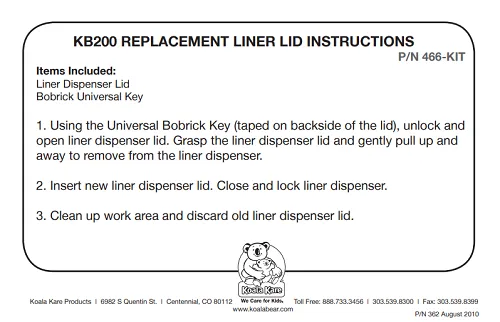 466-00-KIT - LINER DISPENSER LID KIT for CREAM / BEIGE KB200-00 Horizontal Changing Station