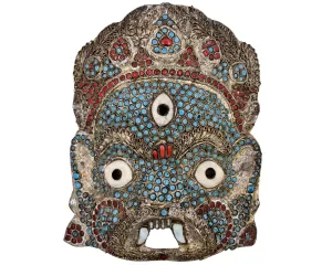 Antique Tibetan Buddhist Mahakala Mask Brass Filigree w Coral Turquoise Onyx