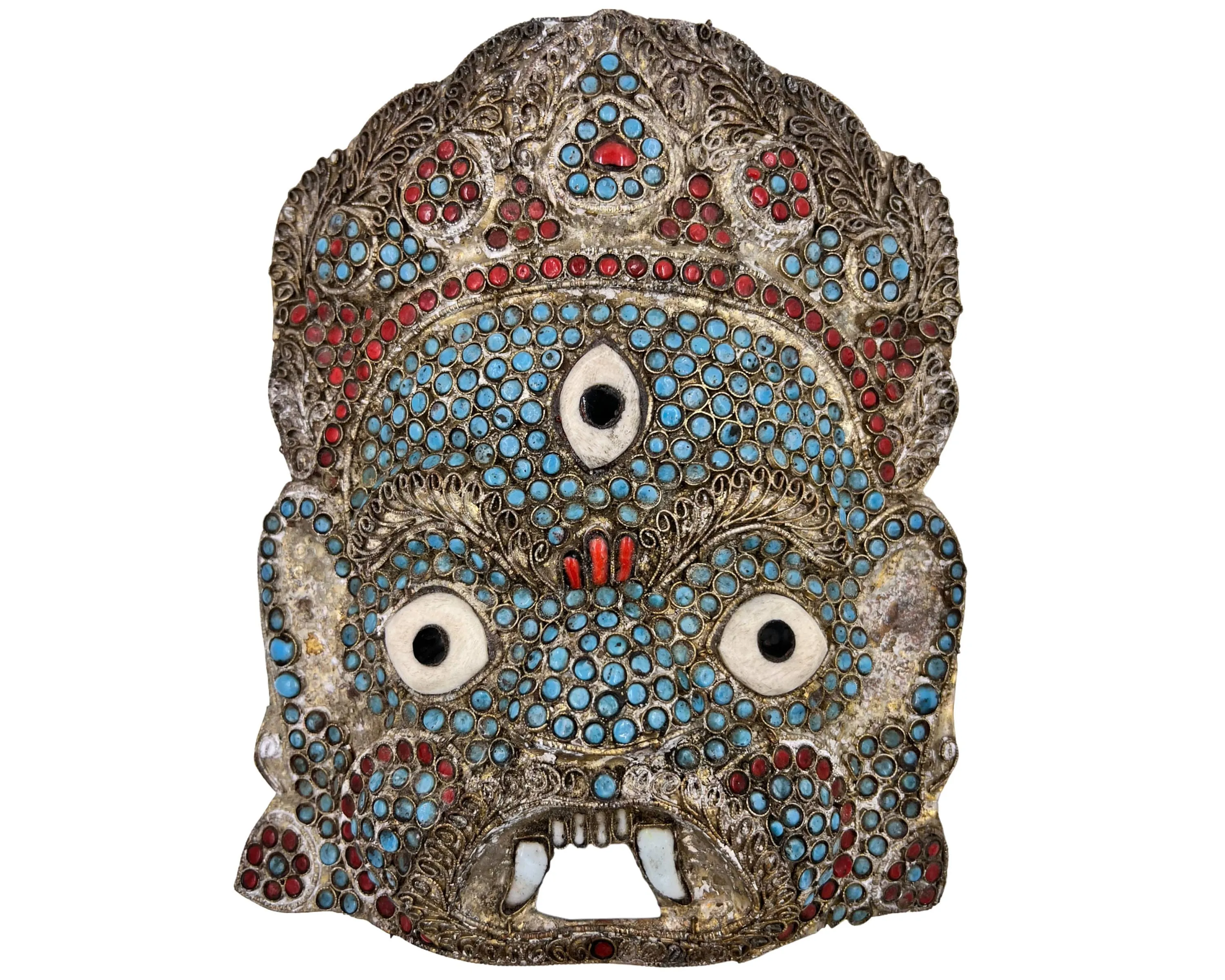 Antique Tibetan Buddhist Mahakala Mask Brass Filigree w Coral Turquoise Onyx