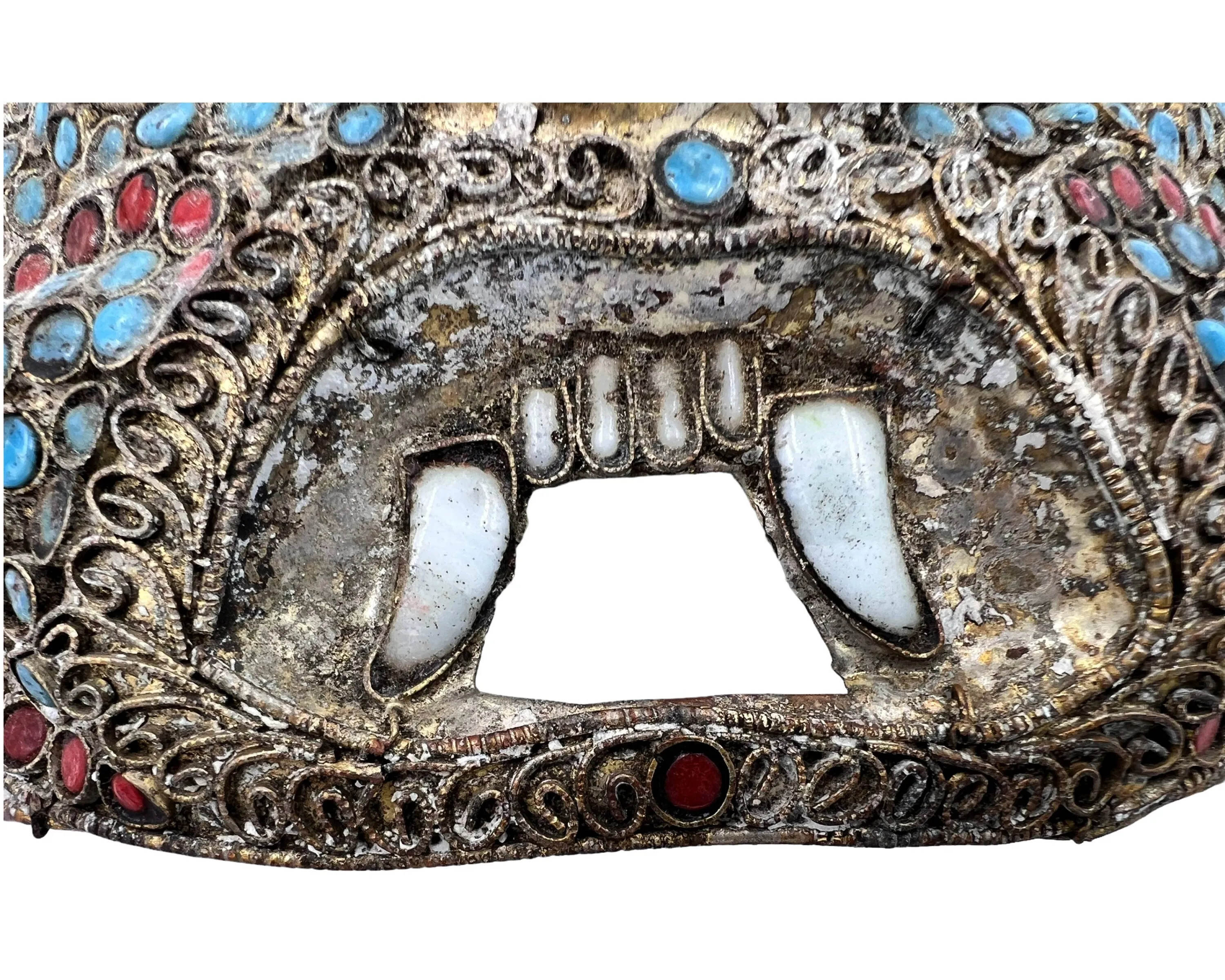 Antique Tibetan Buddhist Mahakala Mask Brass Filigree w Coral Turquoise Onyx