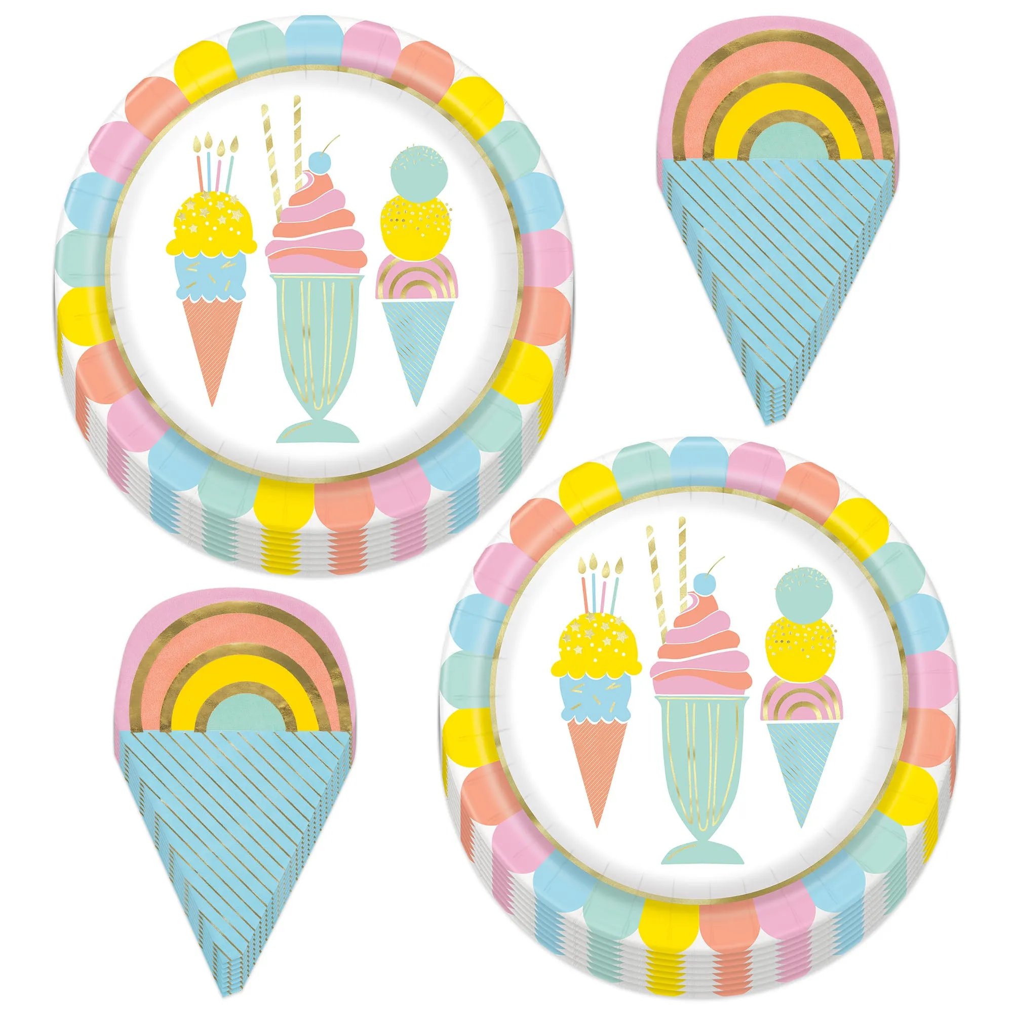 Ice Cream Party Pastel and Metallic Paper Dinner Plates Plates and Cone-Shaped Napkins (Serves 16)