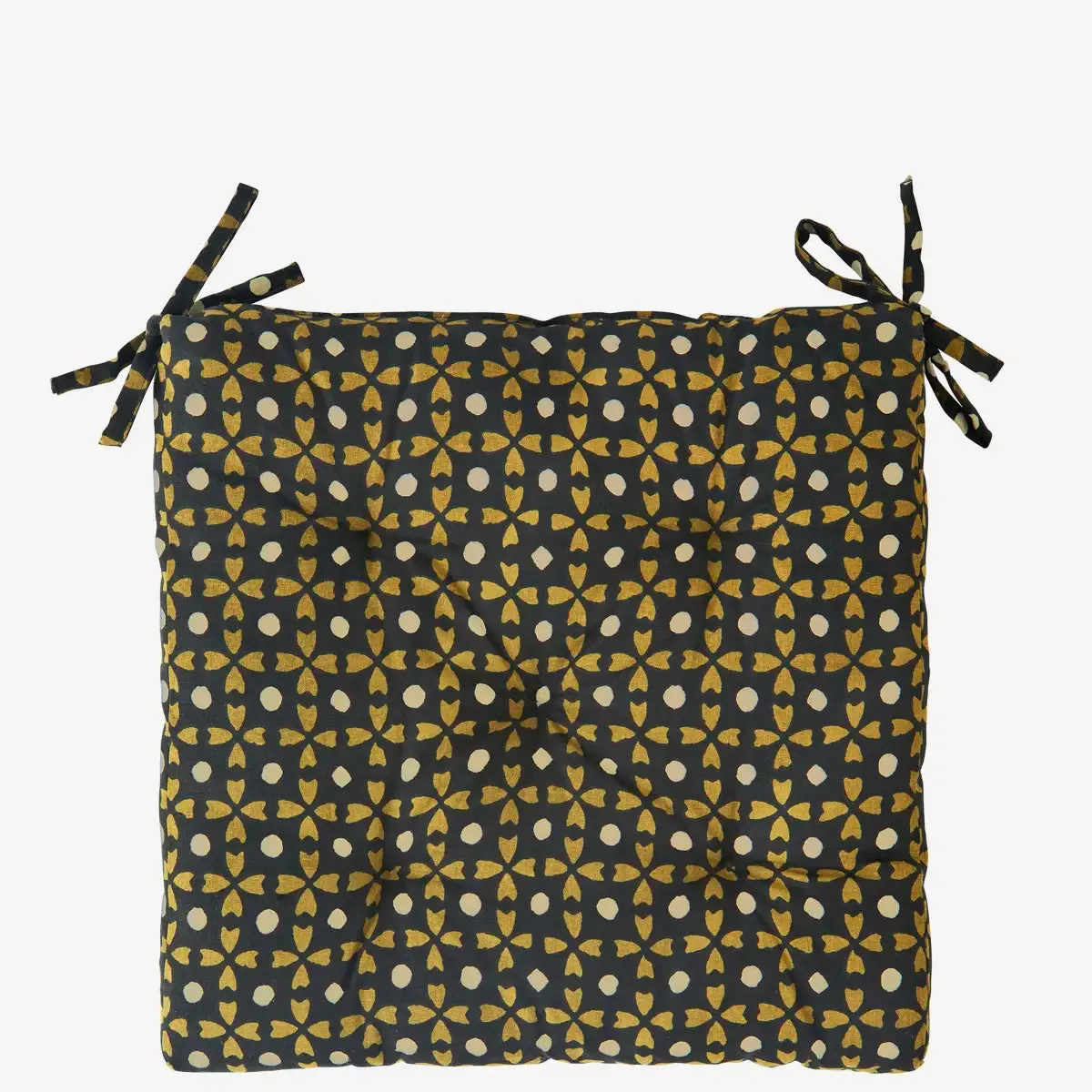 Printed Cotton Chair Pad Black Mustard