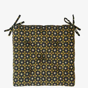 Printed Cotton Chair Pad Black Mustard